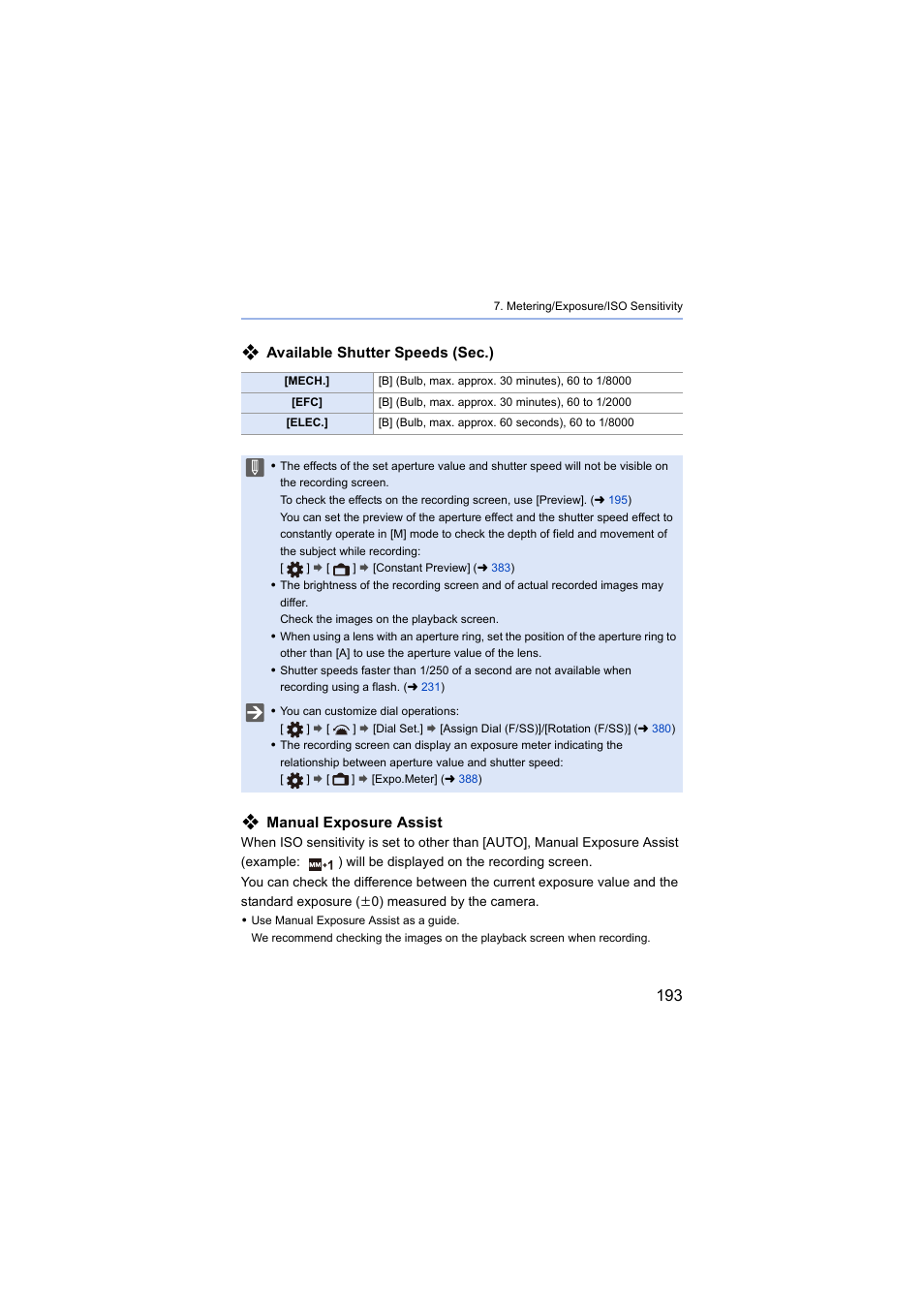 Available shutter speeds (sec.), Manual exposure assist | Panasonic Lumix S5 Mirrorless Camera User Manual | Page 193 / 570