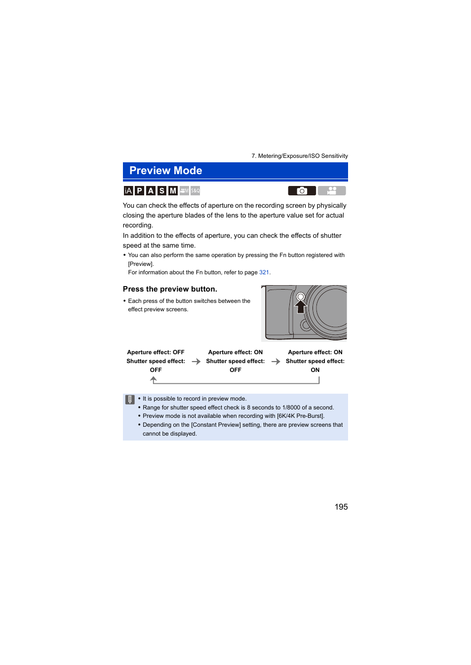 Preview mode, Preview button, Press the preview button | Panasonic Lumix S5 Mirrorless Camera User Manual | Page 195 / 570