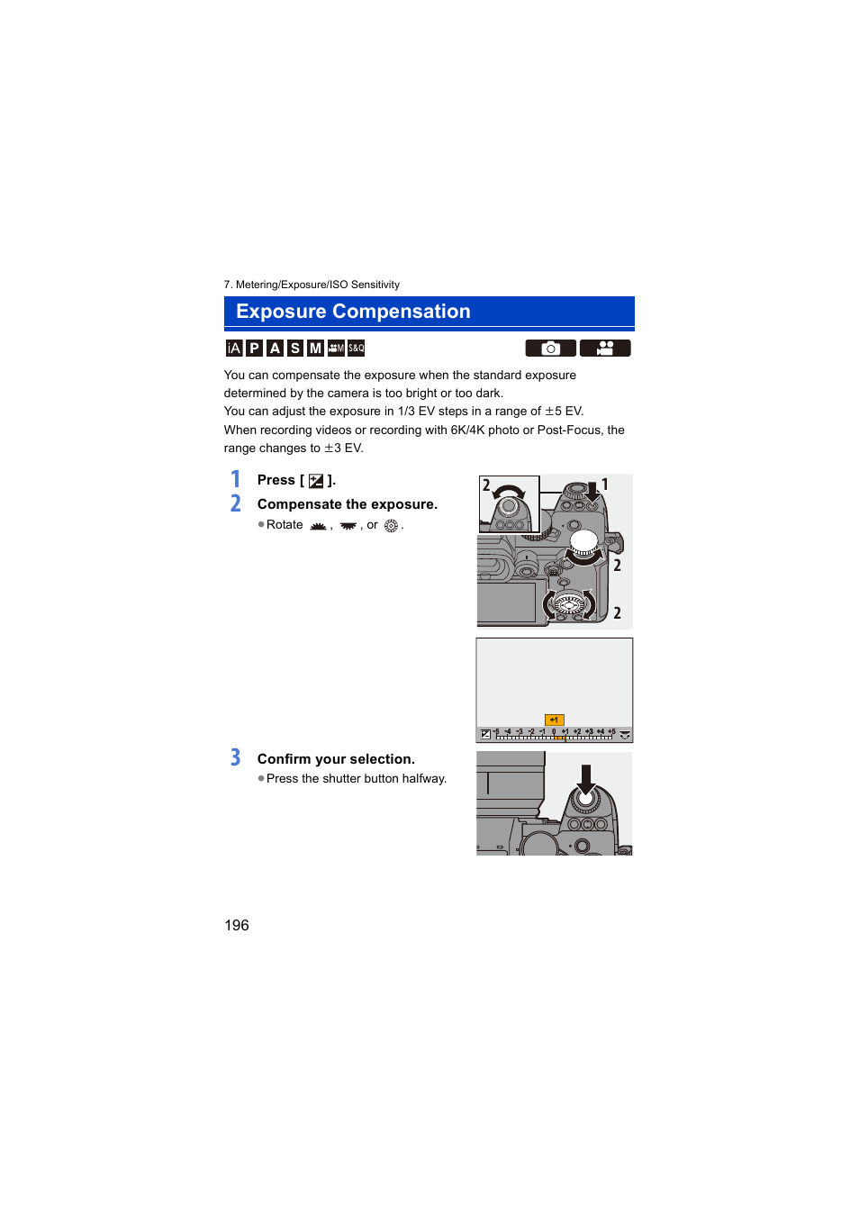 Exposure compensation, Button | Panasonic Lumix S5 Mirrorless Camera User Manual | Page 196 / 570