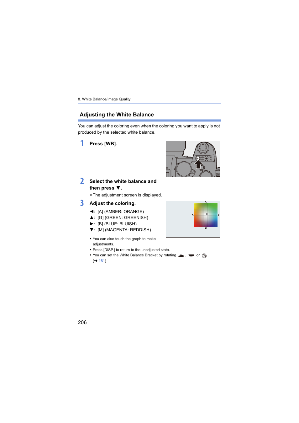 Adjusting the white balance, Press [wb, Select the white balance and then press 4 | Adjust the coloring | Panasonic Lumix S5 Mirrorless Camera User Manual | Page 206 / 570