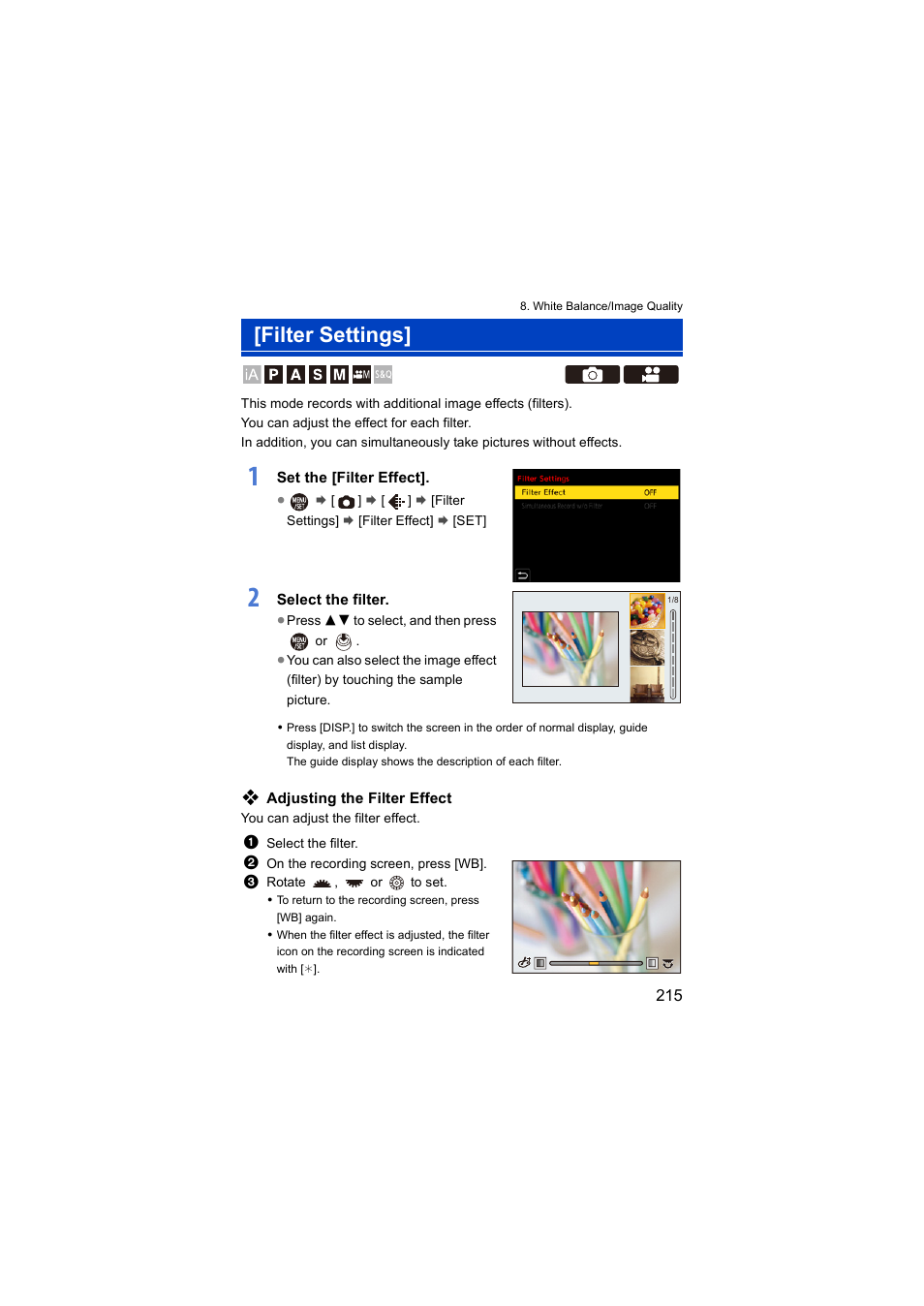 Filter settings | Panasonic Lumix S5 Mirrorless Camera User Manual | Page 215 / 570