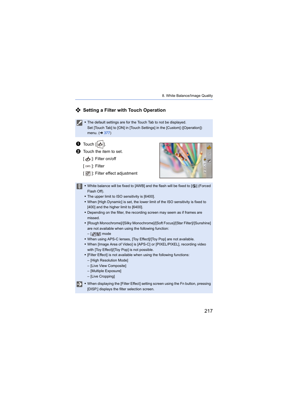 Setting a filter with touch operation | Panasonic Lumix S5 Mirrorless Camera User Manual | Page 217 / 570