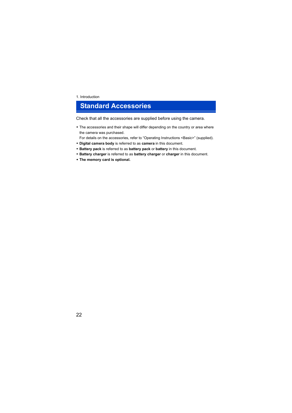 Standard accessories | Panasonic Lumix S5 Mirrorless Camera User Manual | Page 22 / 570