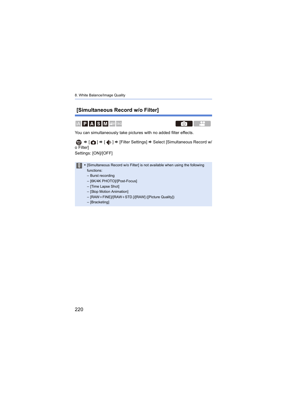 Simultaneous record w/o filter | Panasonic Lumix S5 Mirrorless Camera User Manual | Page 220 / 570