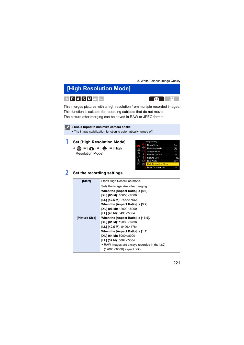 High resolution mode, Set [high resolution mode, Set the recording settings | Panasonic Lumix S5 Mirrorless Camera User Manual | Page 221 / 570