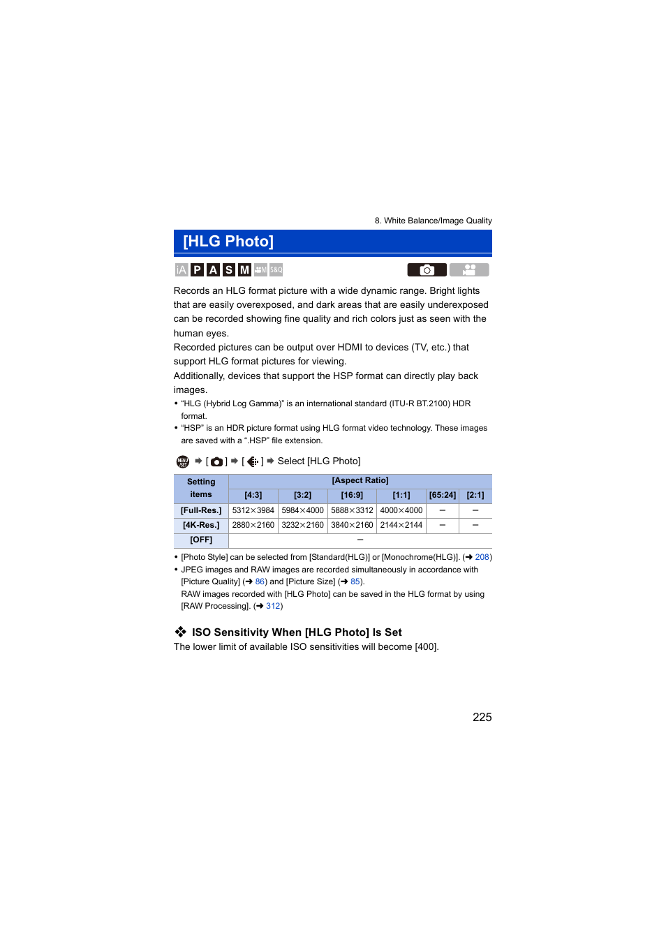 Hlg photo, Iso sensitivity when [hlg photo] is set | Panasonic Lumix S5 Mirrorless Camera User Manual | Page 225 / 570