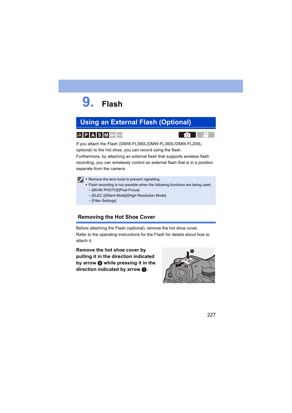 Flash, Using an external flash (optional), Removing the hot shoe cover | Cover) | Panasonic Lumix S5 Mirrorless Camera User Manual | Page 227 / 570