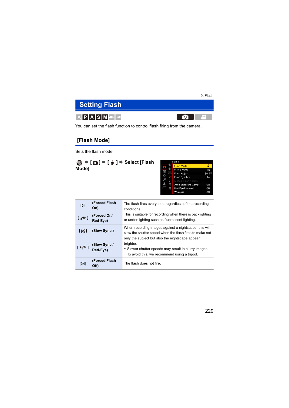 Setting flash, Flash mode | Panasonic Lumix S5 Mirrorless Camera User Manual | Page 229 / 570