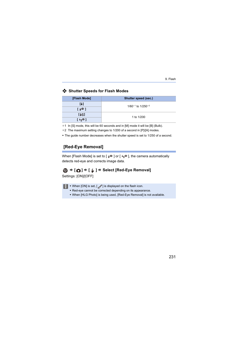 Red-eye removal, Shutter speeds for flash modes, Select [red-eye removal | Panasonic Lumix S5 Mirrorless Camera User Manual | Page 231 / 570