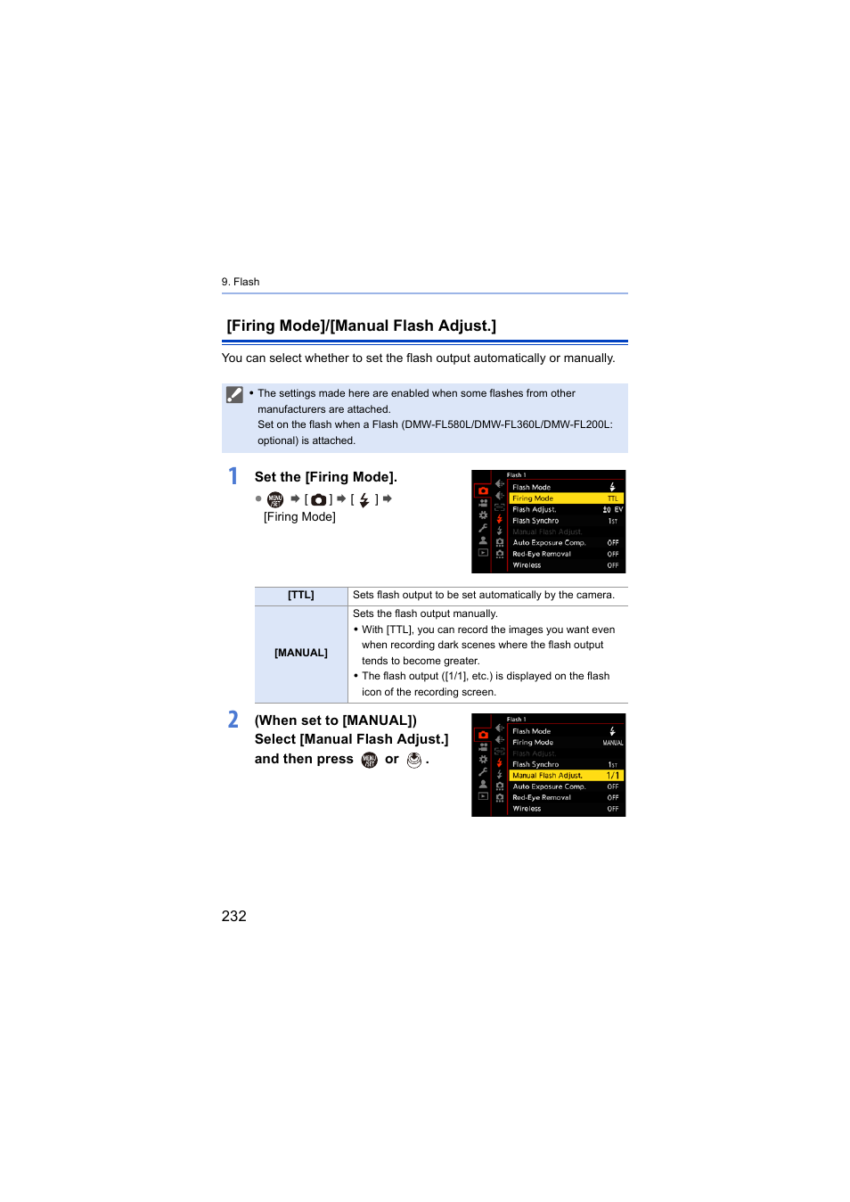 Firing mode]/[manual flash adjust | Panasonic Lumix S5 Mirrorless Camera User Manual | Page 232 / 570