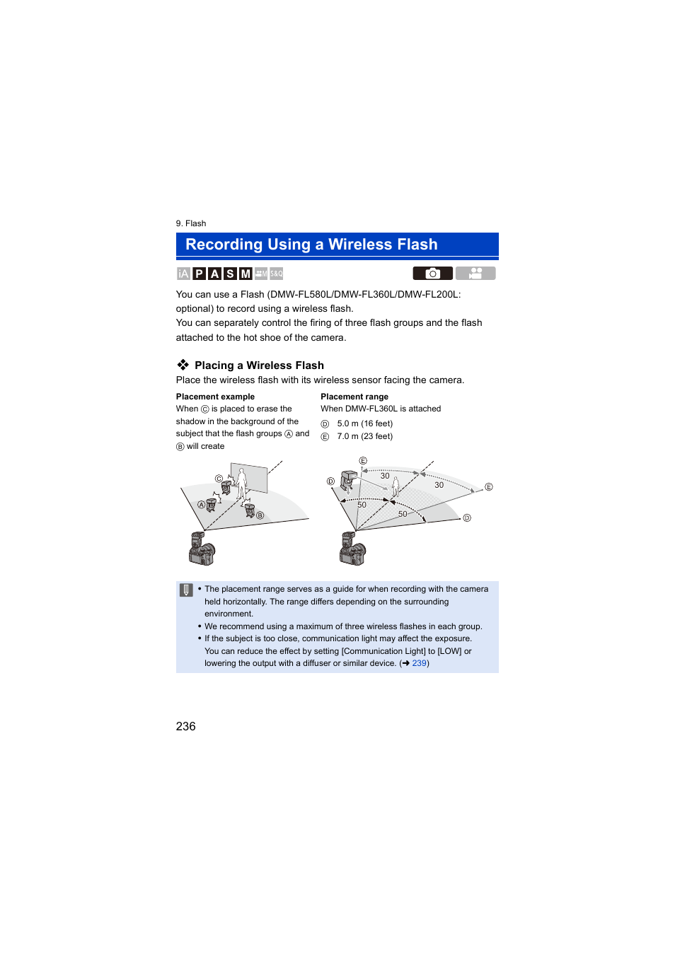 Recording using a wireless flash, Placing a wireless flash | Panasonic Lumix S5 Mirrorless Camera User Manual | Page 236 / 570