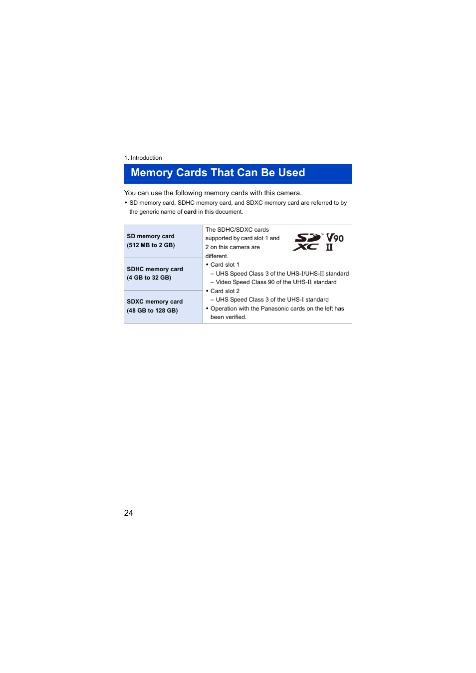 Memory cards that can be used | Panasonic Lumix S5 Mirrorless Camera User Manual | Page 24 / 570