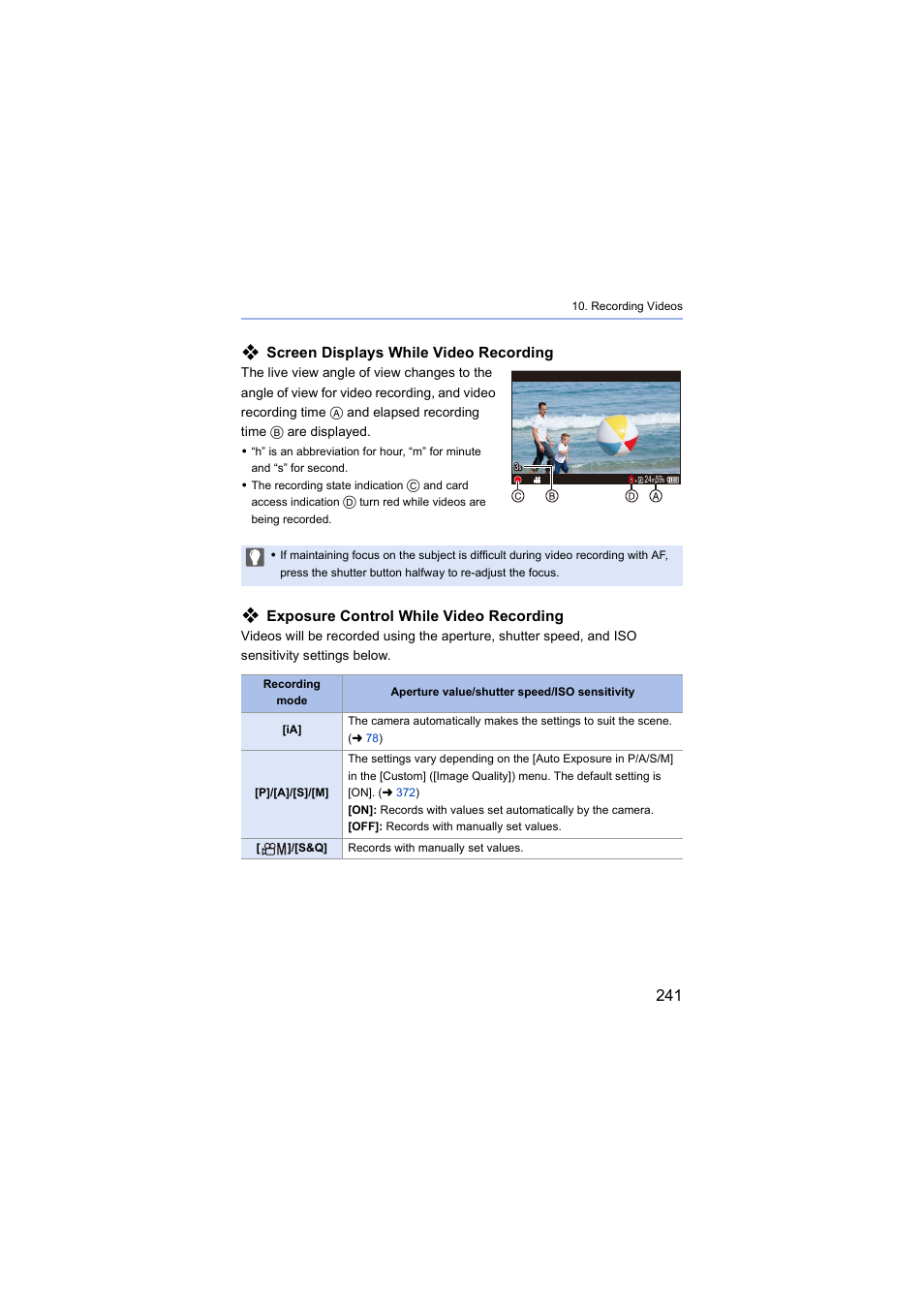 Screen displays while video recording, Exposure control while video recording | Panasonic Lumix S5 Mirrorless Camera User Manual | Page 241 / 570