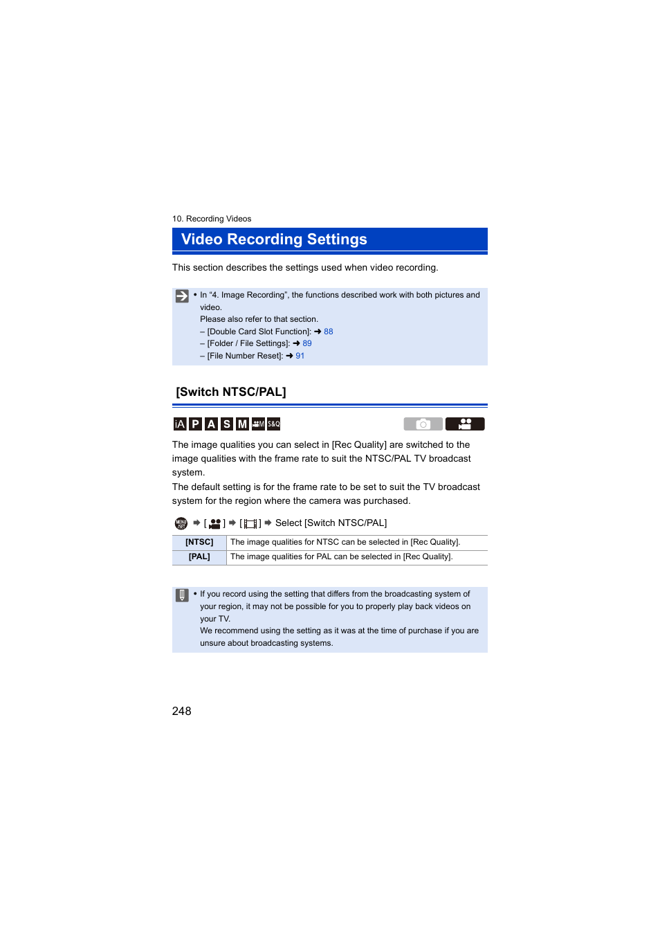 Video recording settings, Switch ntsc/pal | Panasonic Lumix S5 Mirrorless Camera User Manual | Page 248 / 570