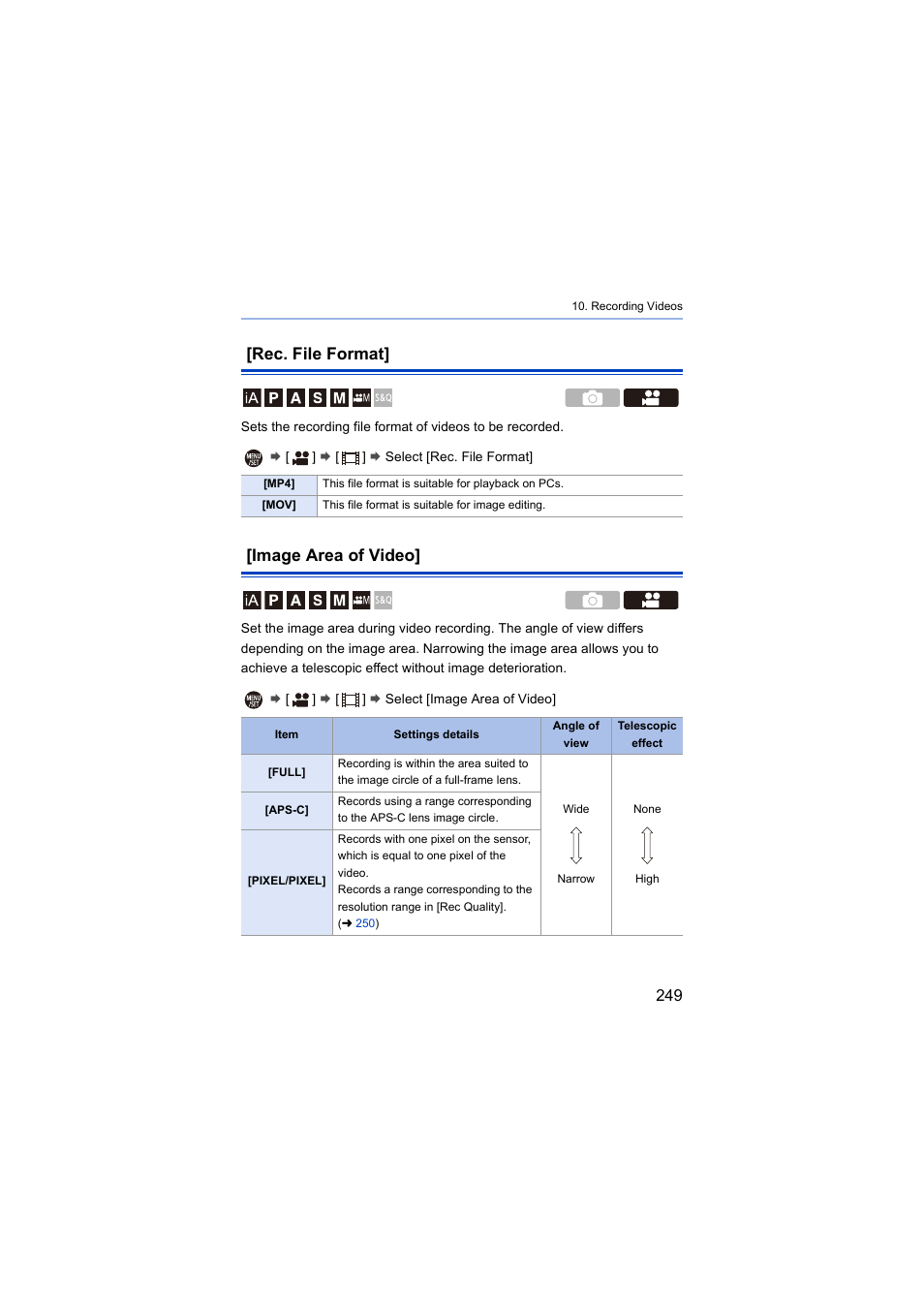 Rec. file format, Image area of video, Rec. file format] [image area of video | Panasonic Lumix S5 Mirrorless Camera User Manual | Page 249 / 570