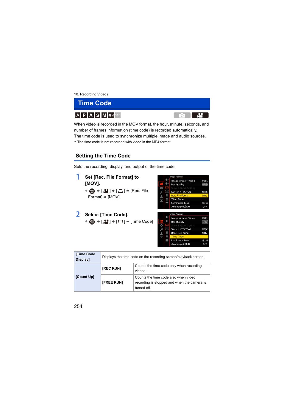 Time code, Setting the time code | Panasonic Lumix S5 Mirrorless Camera User Manual | Page 254 / 570