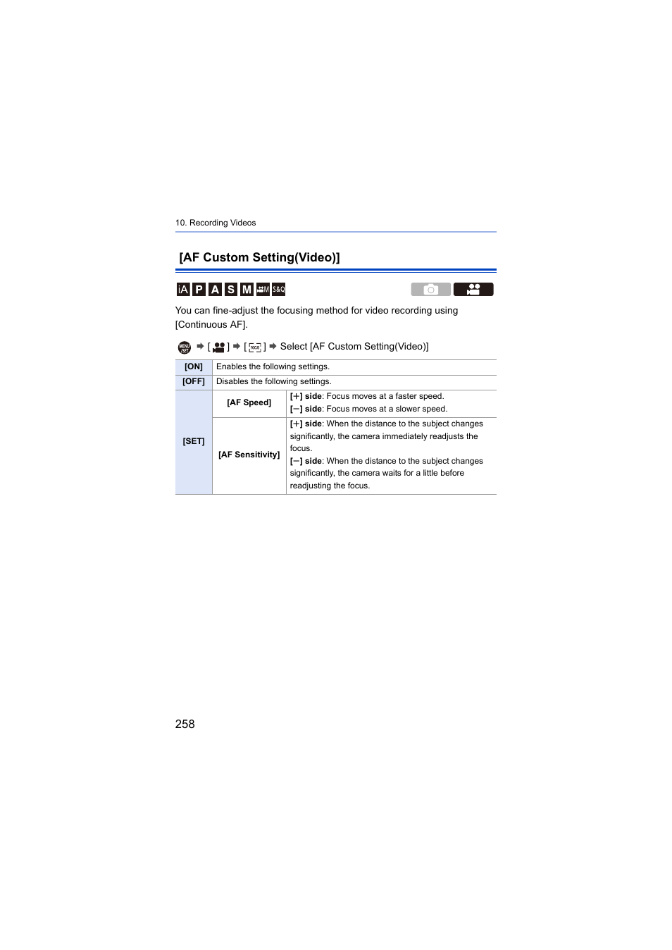 Af custom setting(video) | Panasonic Lumix S5 Mirrorless Camera User Manual | Page 258 / 570