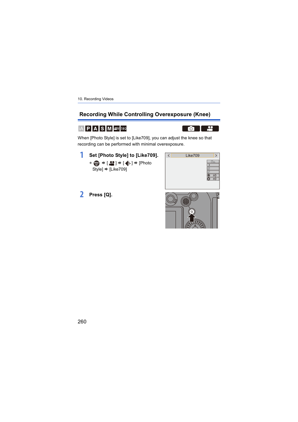 Recording while controlling overexposure (knee) | Panasonic Lumix S5 Mirrorless Camera User Manual | Page 260 / 570