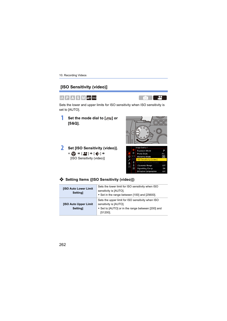 Iso sensitivity (video) | Panasonic Lumix S5 Mirrorless Camera User Manual | Page 262 / 570