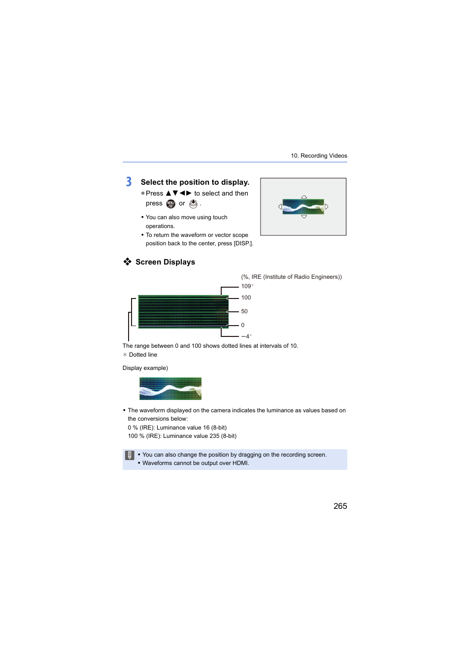 Select the position to display, Screen displays | Panasonic Lumix S5 Mirrorless Camera User Manual | Page 265 / 570