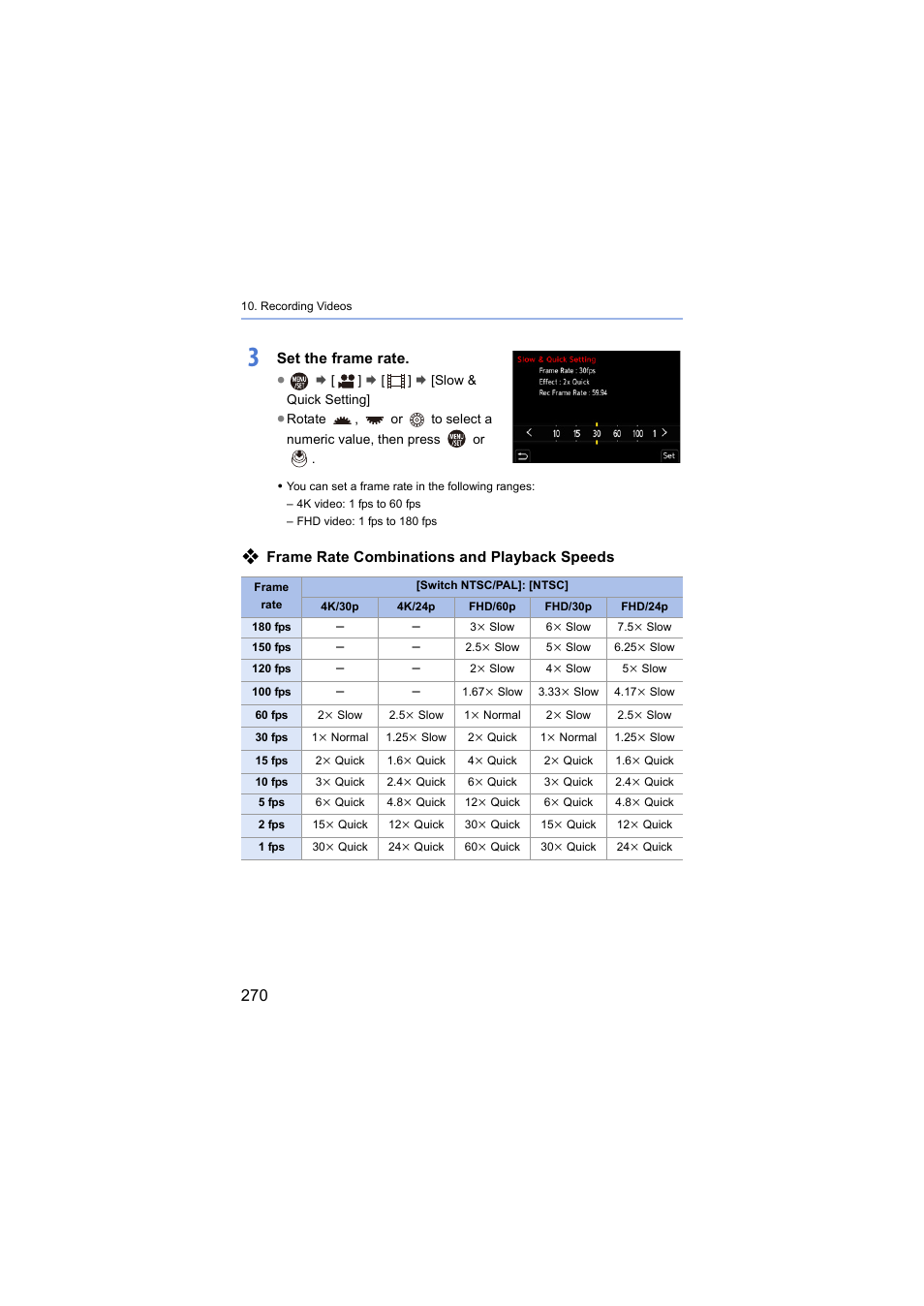 Set the frame rate, Frame rate combinations and playback speeds | Panasonic Lumix S5 Mirrorless Camera User Manual | Page 270 / 570