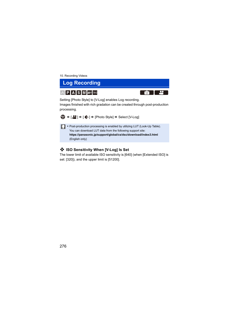 Log recording | Panasonic Lumix S5 Mirrorless Camera User Manual | Page 276 / 570
