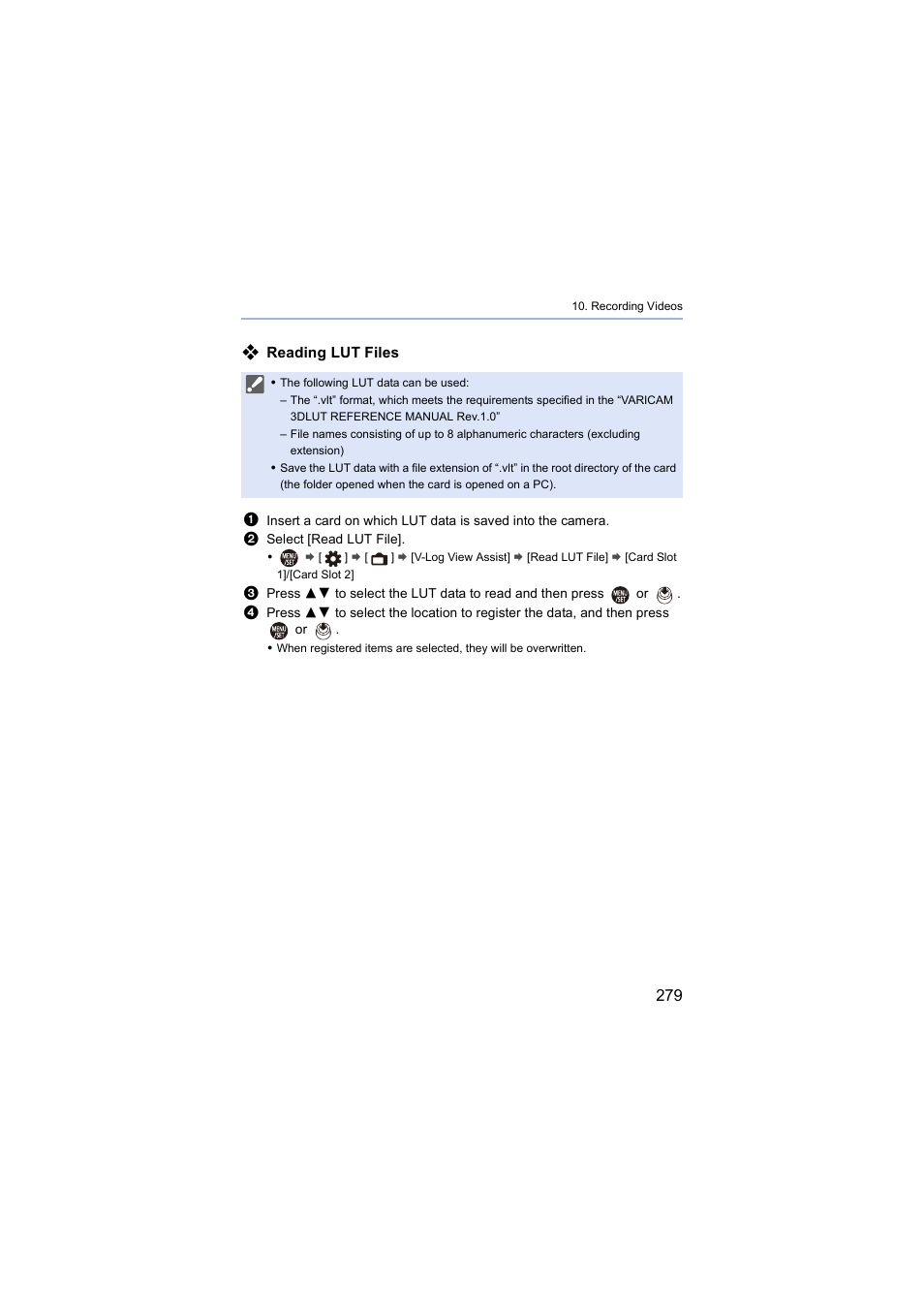 Reading lut files | Panasonic Lumix S5 Mirrorless Camera User Manual | Page 279 / 570