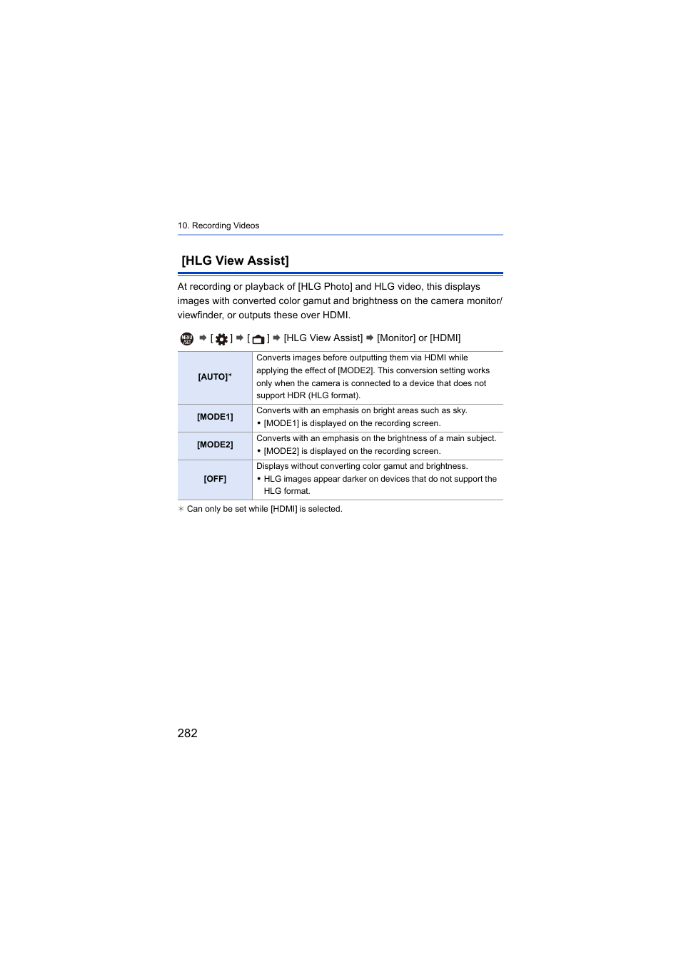 Hlg view assist, Iew assist | Panasonic Lumix S5 Mirrorless Camera User Manual | Page 282 / 570