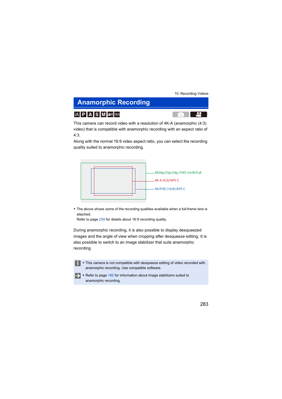 Anamorphic recording | Panasonic Lumix S5 Mirrorless Camera User Manual | Page 283 / 570