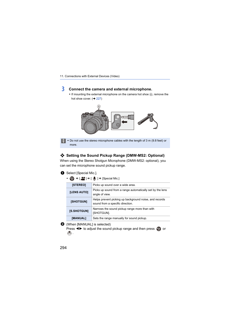 Connect the camera and external microphone, Setting the sound pickup range (dmw-ms2: optional) | Panasonic Lumix S5 Mirrorless Camera User Manual | Page 294 / 570