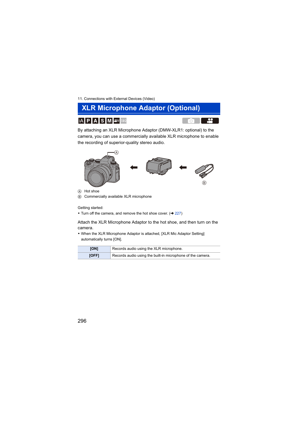 Xlr microphone adaptor (optional) | Panasonic Lumix S5 Mirrorless Camera User Manual | Page 296 / 570