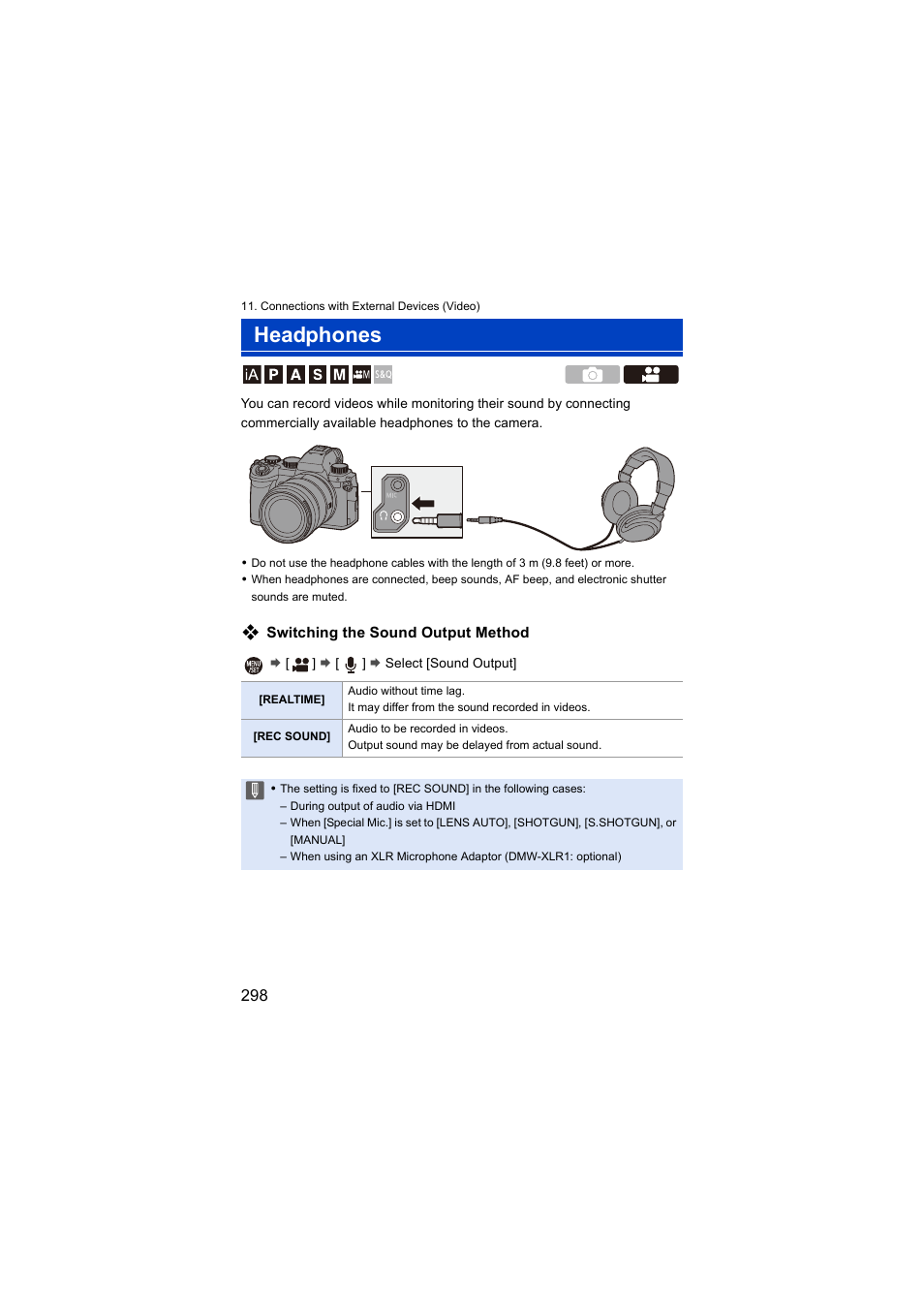 Headphones, Phone socket | Panasonic Lumix S5 Mirrorless Camera User Manual | Page 298 / 570