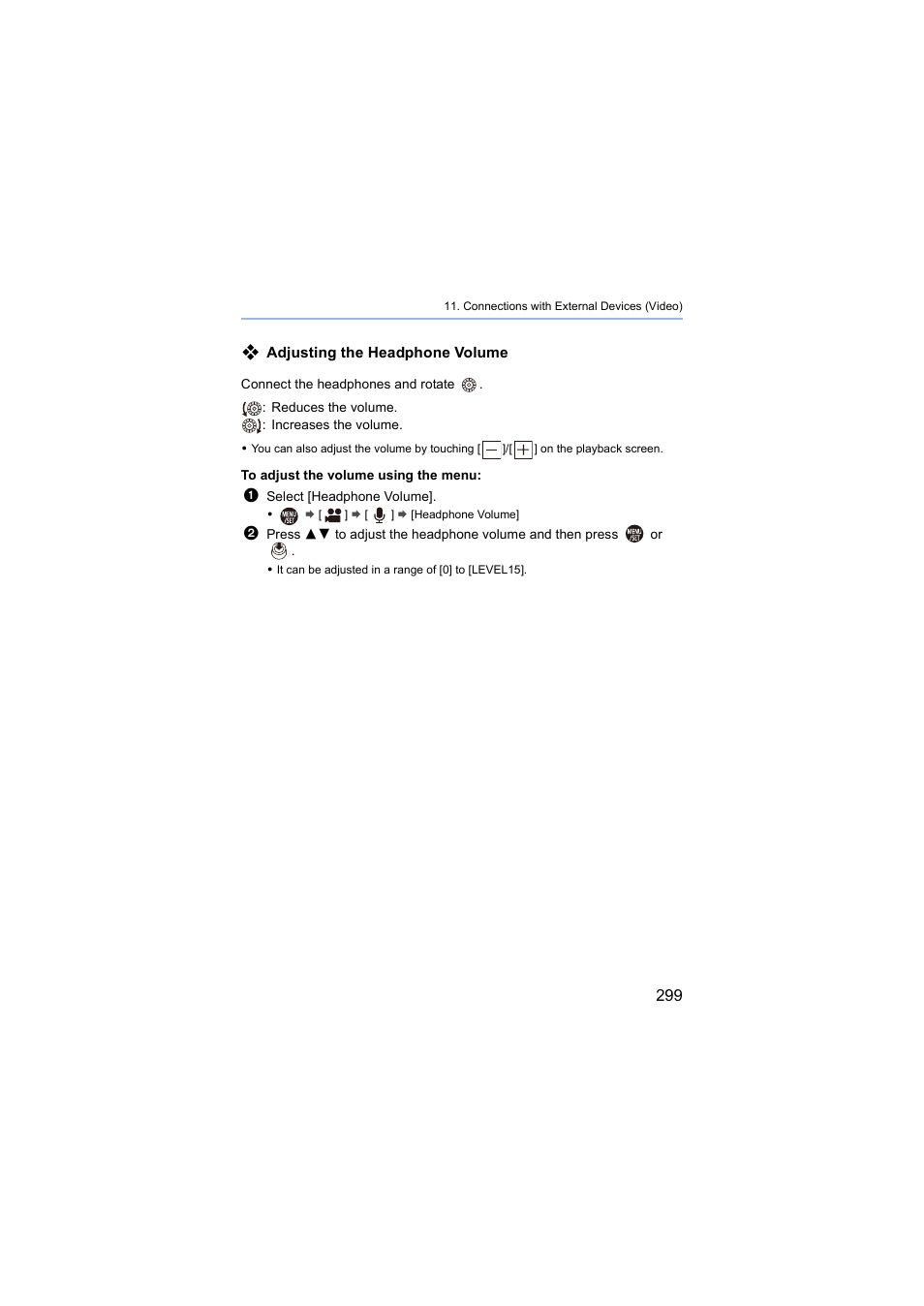 Adjusting the headphone volume | Panasonic Lumix S5 Mirrorless Camera User Manual | Page 299 / 570