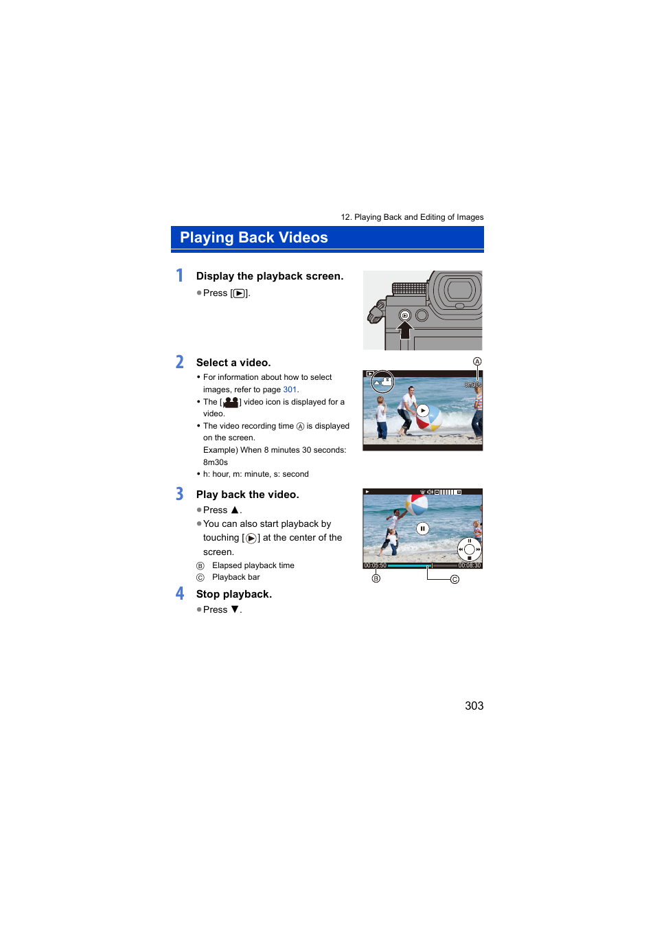 Playing back videos | Panasonic Lumix S5 Mirrorless Camera User Manual | Page 303 / 570