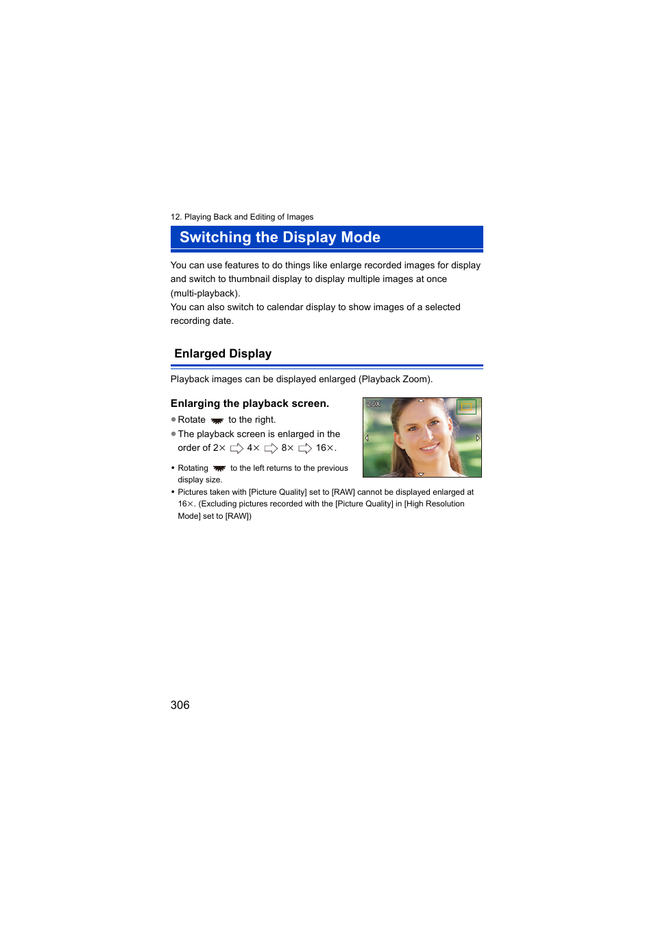 Switching the display mode, Enlarged display, Enlarging the playback screen | Panasonic Lumix S5 Mirrorless Camera User Manual | Page 306 / 570