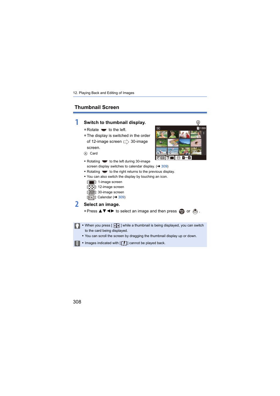 Thumbnail screen, Switch to thumbnail display, Select an image | Panasonic Lumix S5 Mirrorless Camera User Manual | Page 308 / 570