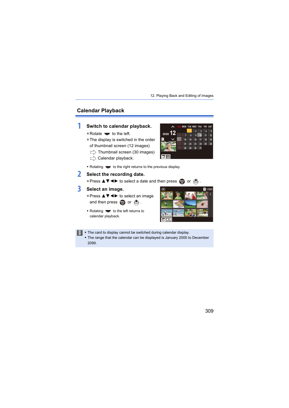 Calendar playback, Calendar, Switch to calendar playback | Select the recording date, Select an image, Press 3421 to select a date and then press or | Panasonic Lumix S5 Mirrorless Camera User Manual | Page 309 / 570