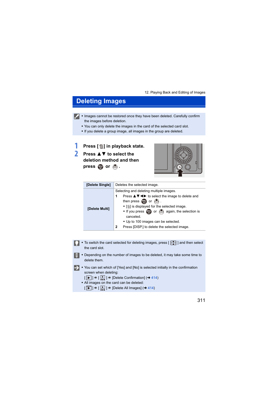 Deleting images, Delete) button, Press [ ] in playback state | Panasonic Lumix S5 Mirrorless Camera User Manual | Page 311 / 570