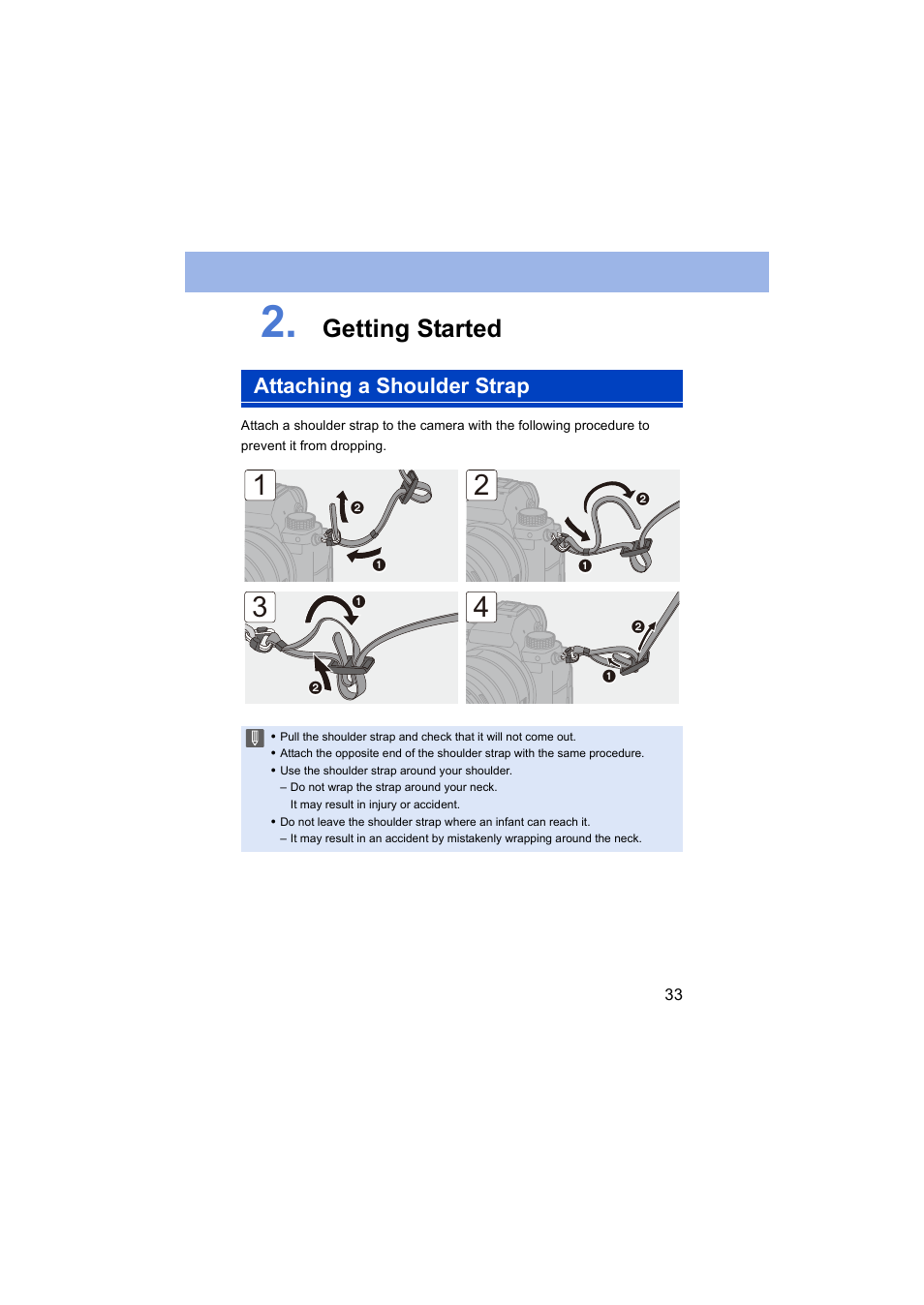 Getting started, Attaching a shoulder strap, Shoulder strap eyelet | Panasonic Lumix S5 Mirrorless Camera User Manual | Page 33 / 570
