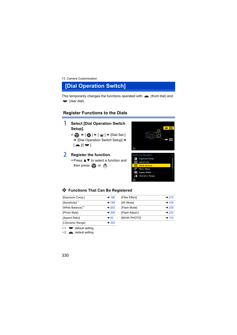 Dial operation switch, Register functions to the dials, Select [dial operation switch setup | Register the function, Functions that can be registered | Panasonic Lumix S5 Mirrorless Camera User Manual | Page 330 / 570