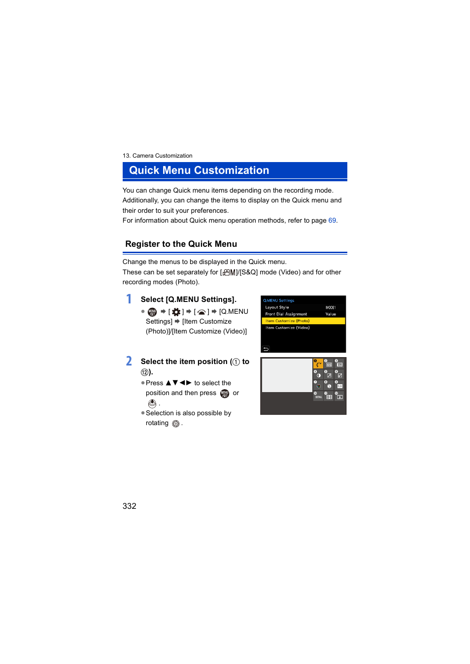 Quick menu customization, Register to the quick menu, Q.menu settings | Select [q.menu settings, Select the item position ( 1 to < ) | Panasonic Lumix S5 Mirrorless Camera User Manual | Page 332 / 570