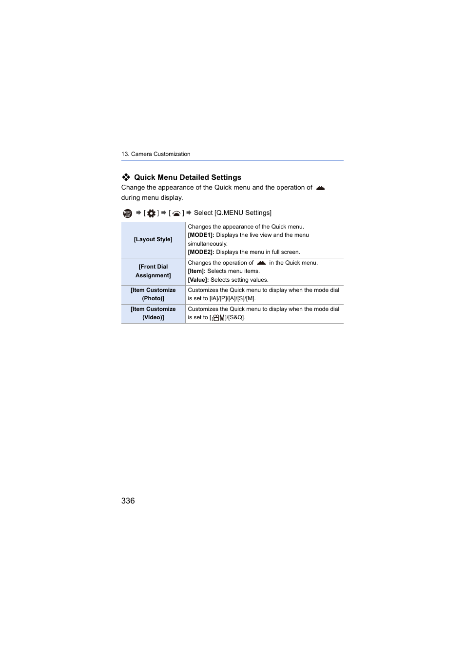 Quick menu detailed settings | Panasonic Lumix S5 Mirrorless Camera User Manual | Page 336 / 570