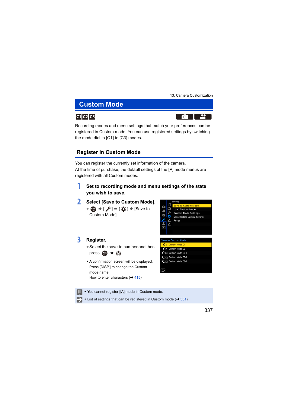 Custom mode, Register in custom mode | Panasonic Lumix S5 Mirrorless Camera User Manual | Page 337 / 570