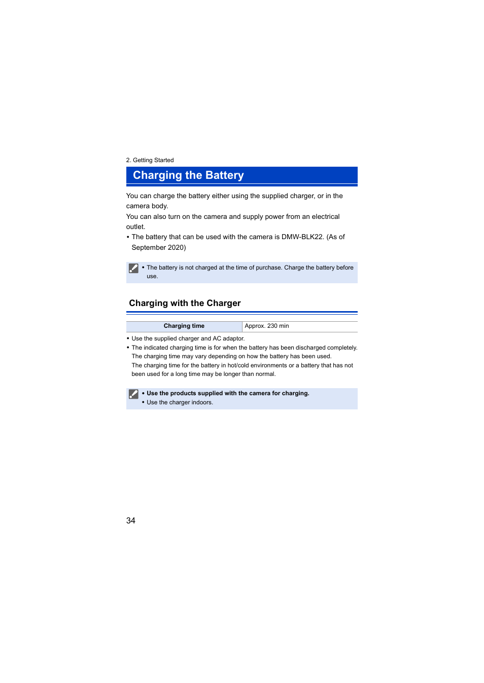 Charging the battery, Charging with the charger | Panasonic Lumix S5 Mirrorless Camera User Manual | Page 34 / 570