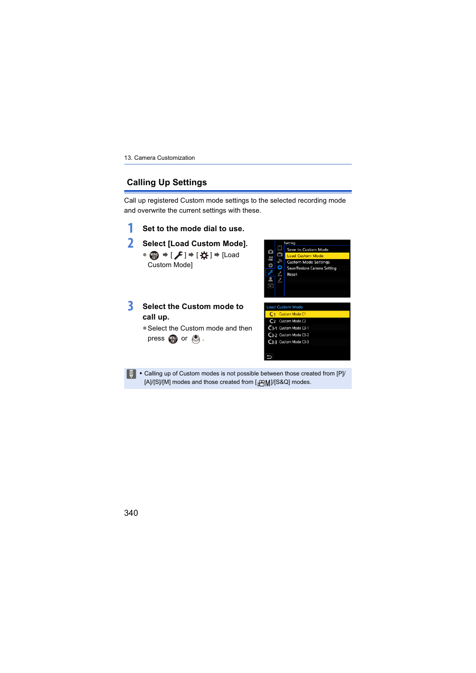 Calling up settings | Panasonic Lumix S5 Mirrorless Camera User Manual | Page 340 / 570