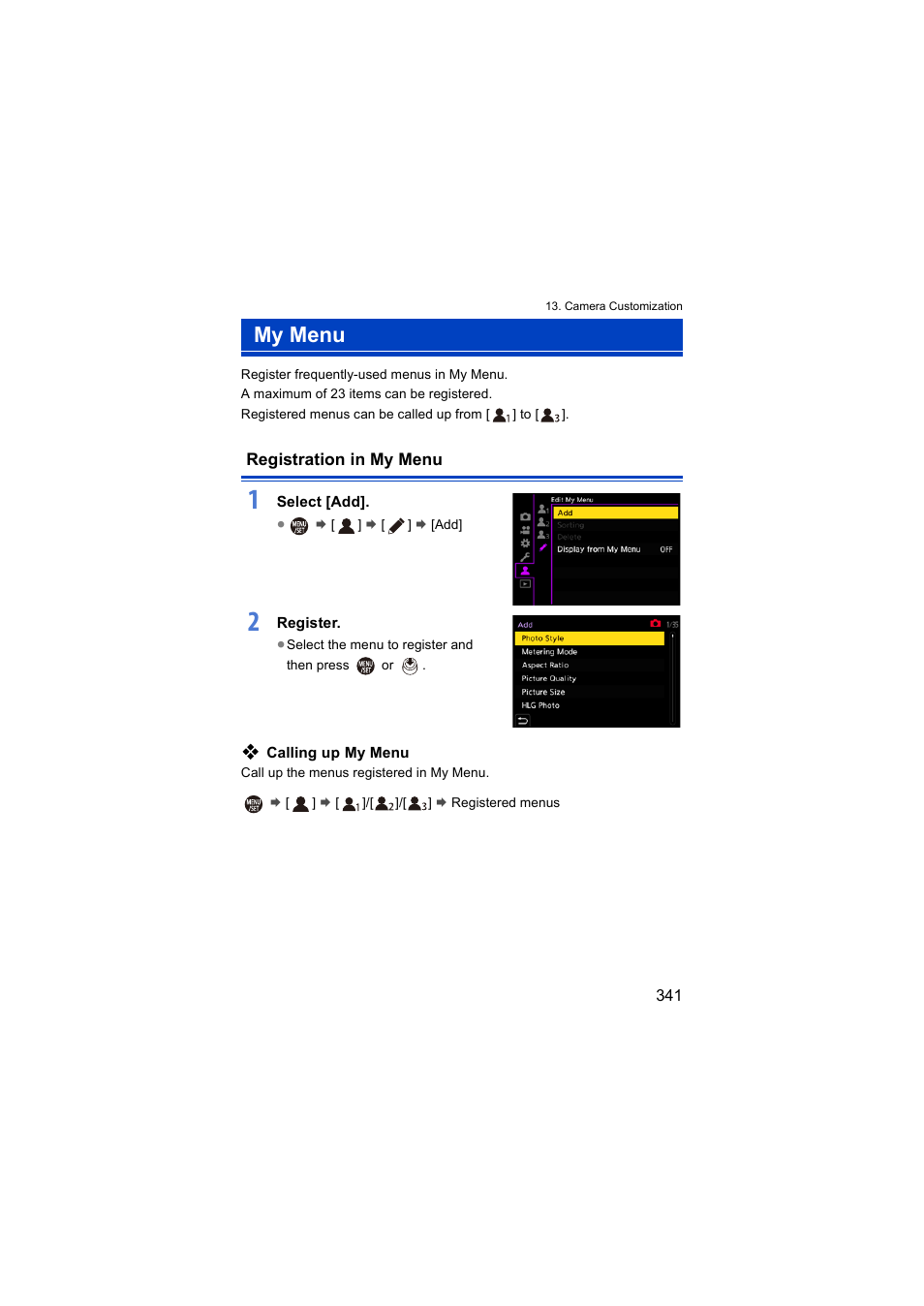 My menu, Registration in my menu | Panasonic Lumix S5 Mirrorless Camera User Manual | Page 341 / 570