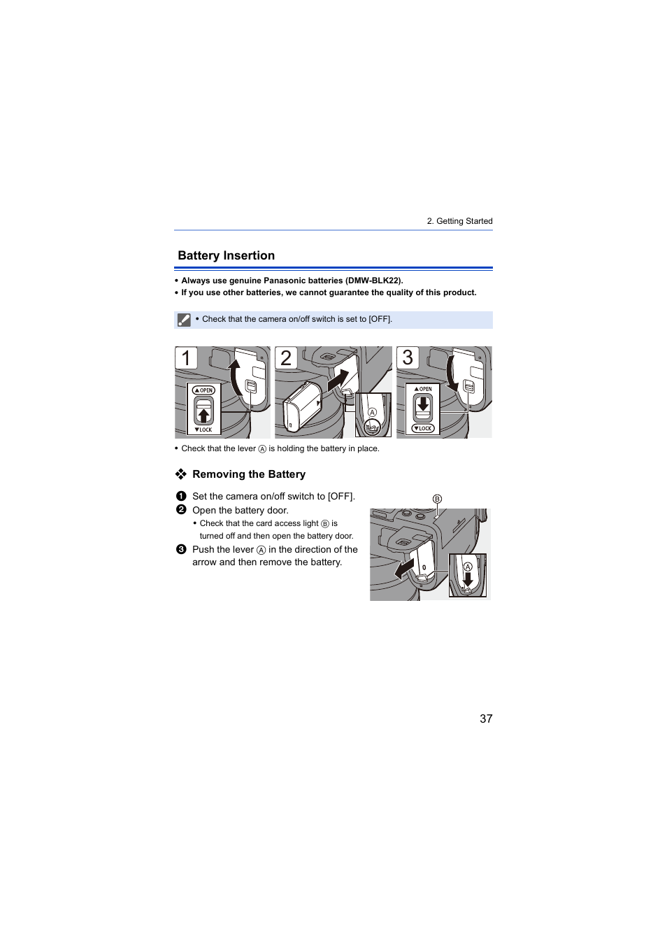 Battery insertion, Battery door, Battery door release lever | Panasonic Lumix S5 Mirrorless Camera User Manual | Page 37 / 570