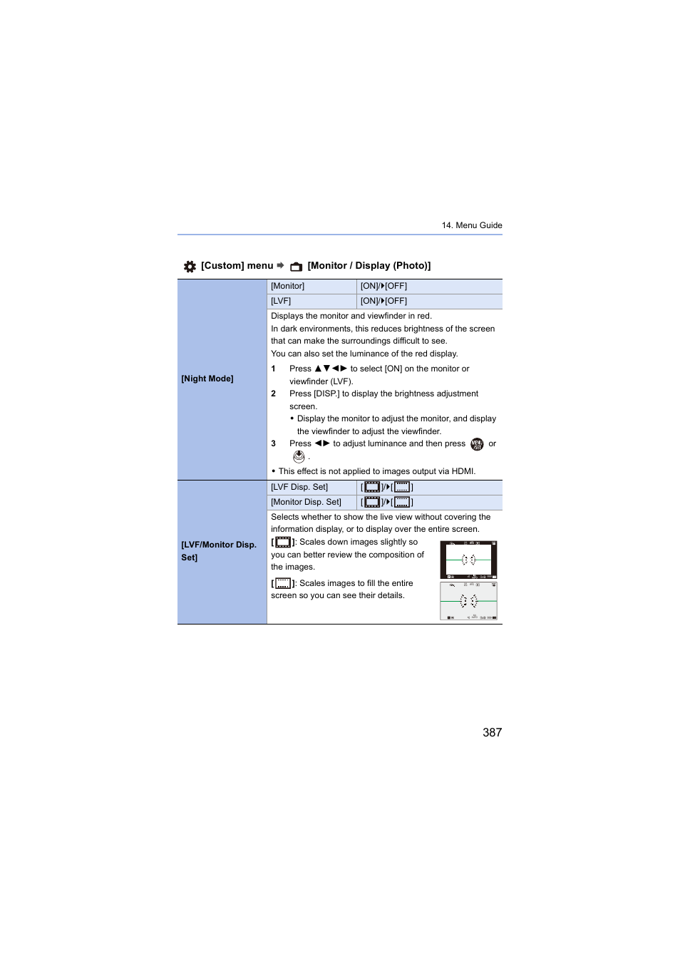 Monitor disp. set, Custom] menu ¨ [monitor / display (photo) | Panasonic Lumix S5 Mirrorless Camera User Manual | Page 387 / 570