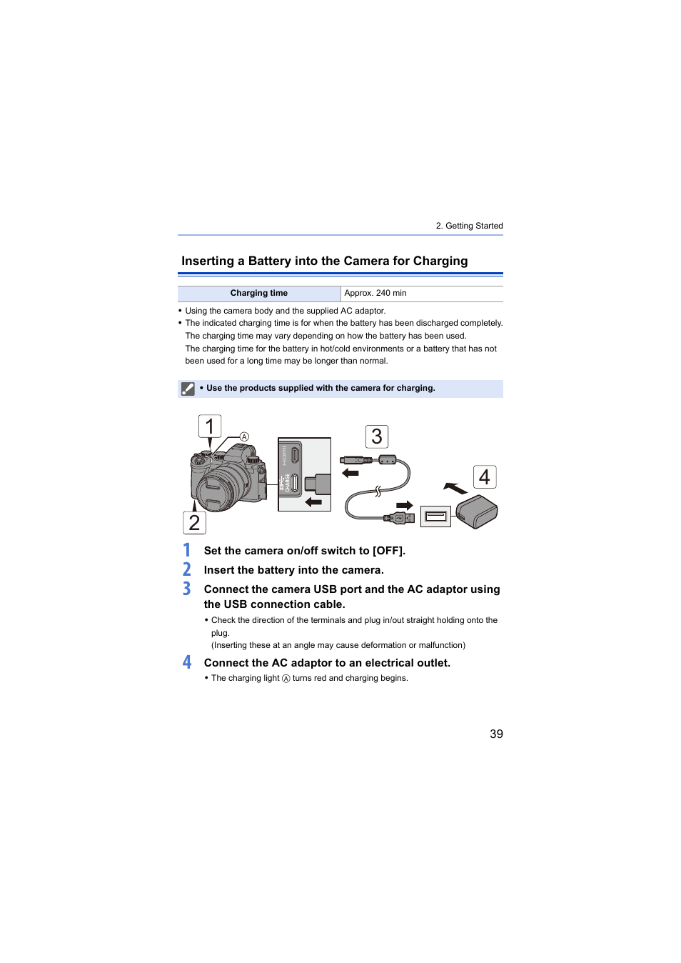 Inserting a battery into the camera for charging, Usb port | Panasonic Lumix S5 Mirrorless Camera User Manual | Page 39 / 570