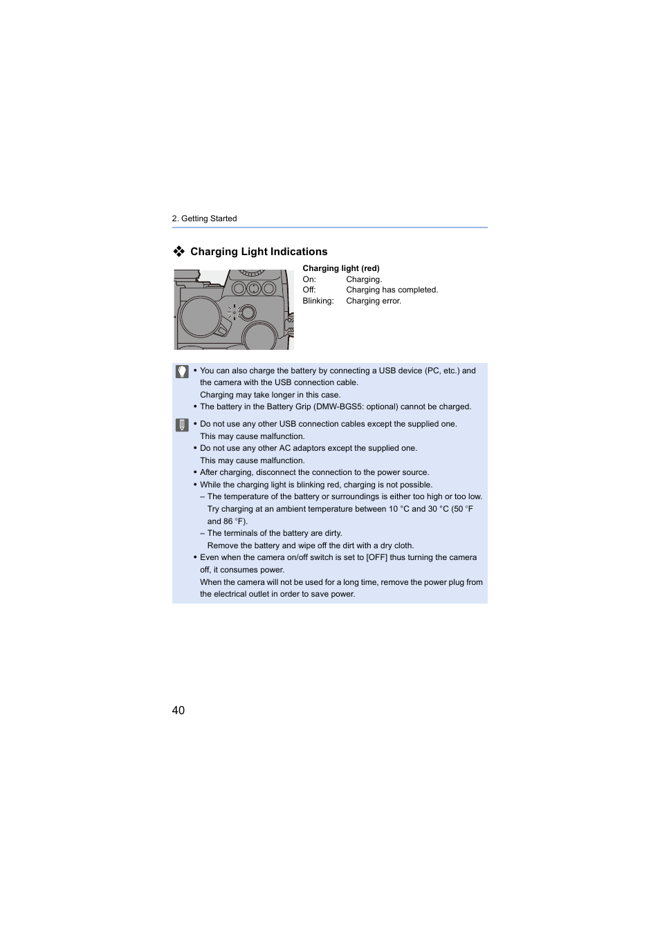 Charging light, Charging light indications | Panasonic Lumix S5 Mirrorless Camera User Manual | Page 40 / 570